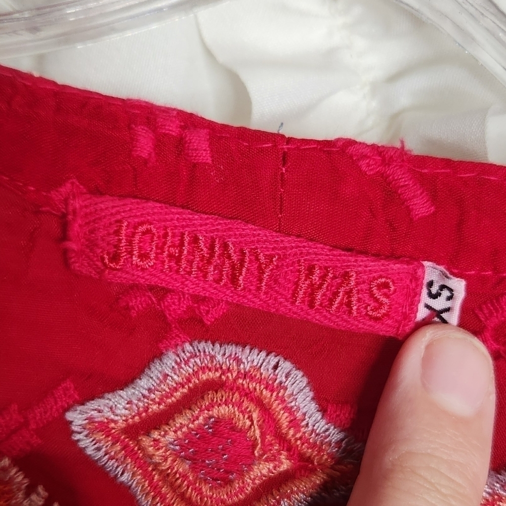 Johnny Was Gina Embroidered Tie V-Neck Roll Tab Sleeve Blouse Size XS Red Aztec - Picture 6 of 6